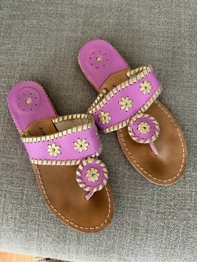 Jack Rogers Pink Leather Floral Appliqué Thong Sandals
